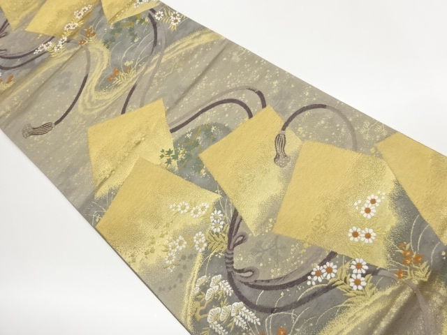 色紙に組紐・松・草花模様織出し袋帯